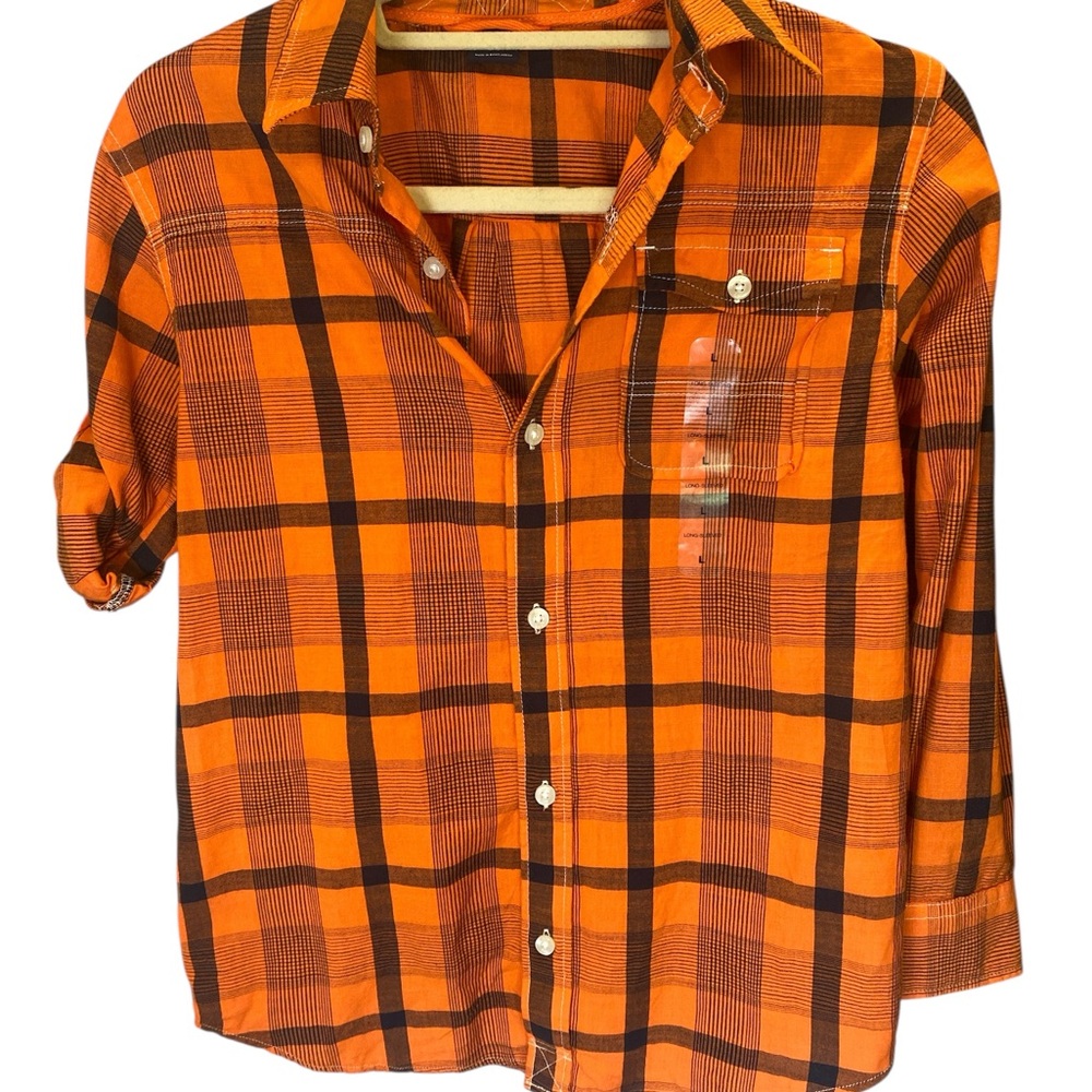 Gap Kids NWT Orange and Black Plaid Button-Up Shirt size 10 boys